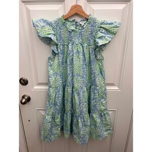 Crown & Ivy Womens Pineapple Print Smocked Tiered Mini Dress Blue Green Medium